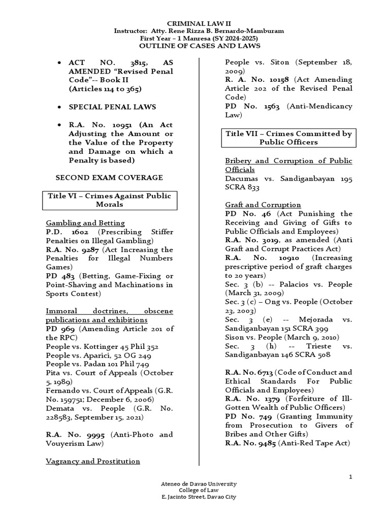 Criminal Law II Case Outline and Laws | PDF | Justice | Crime & Violence