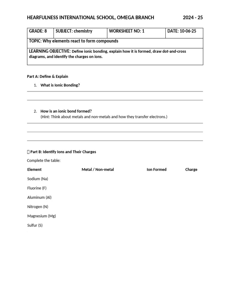 Ionic Bonding Worksheet for Grade 8 | PDF