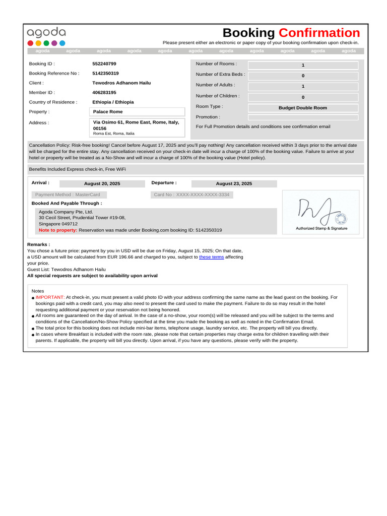 MasterCard Booking Confirmation for Rome | PDF | Payments