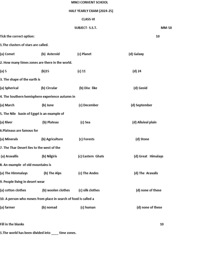 Class 6 SST Half Yearly Exam Paper | PDF | Earth | Mountains