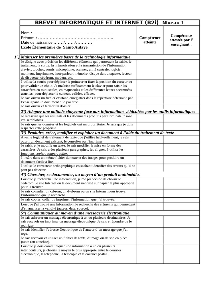 B2i Informatique : Compétences Primaires | PDF | Informatique | Clavier ...