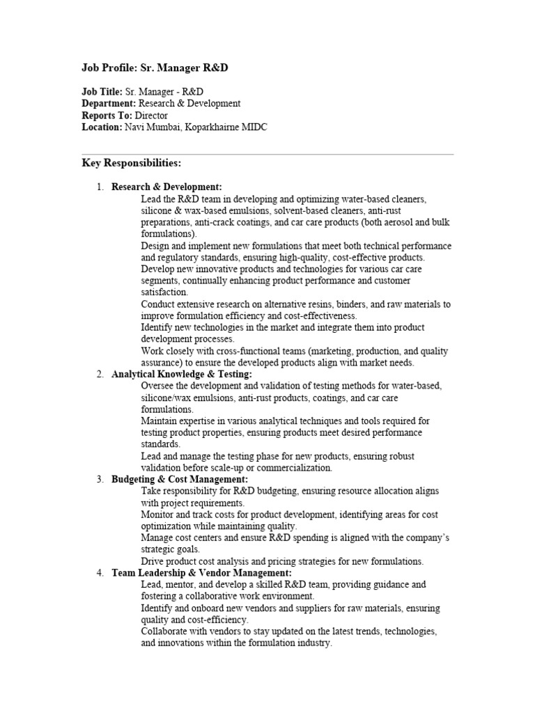 Job Description - Sr. Manager RD | PDF | Regulatory Compliance ...