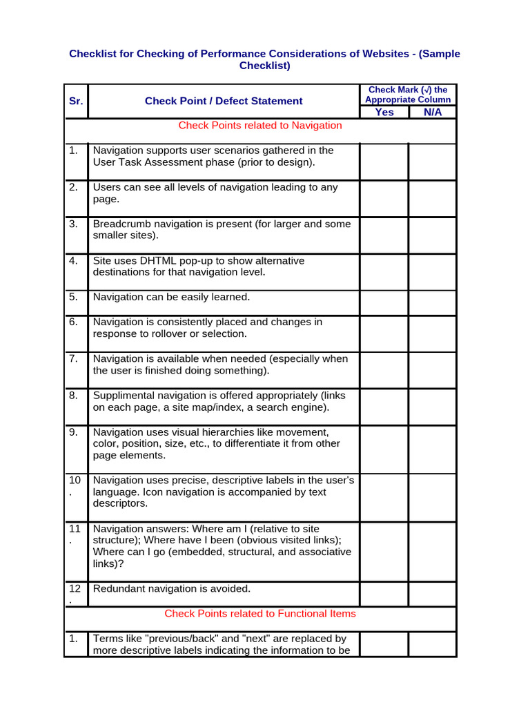 Checklist For Checking of Performance Considerations of Websites | PDF ...