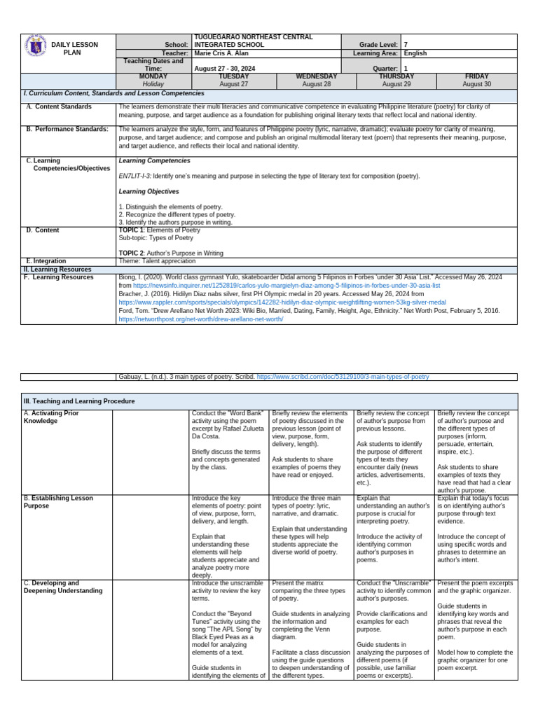 Grade 7 English Poetry Lesson Plan | PDF | Poetry | Narrative