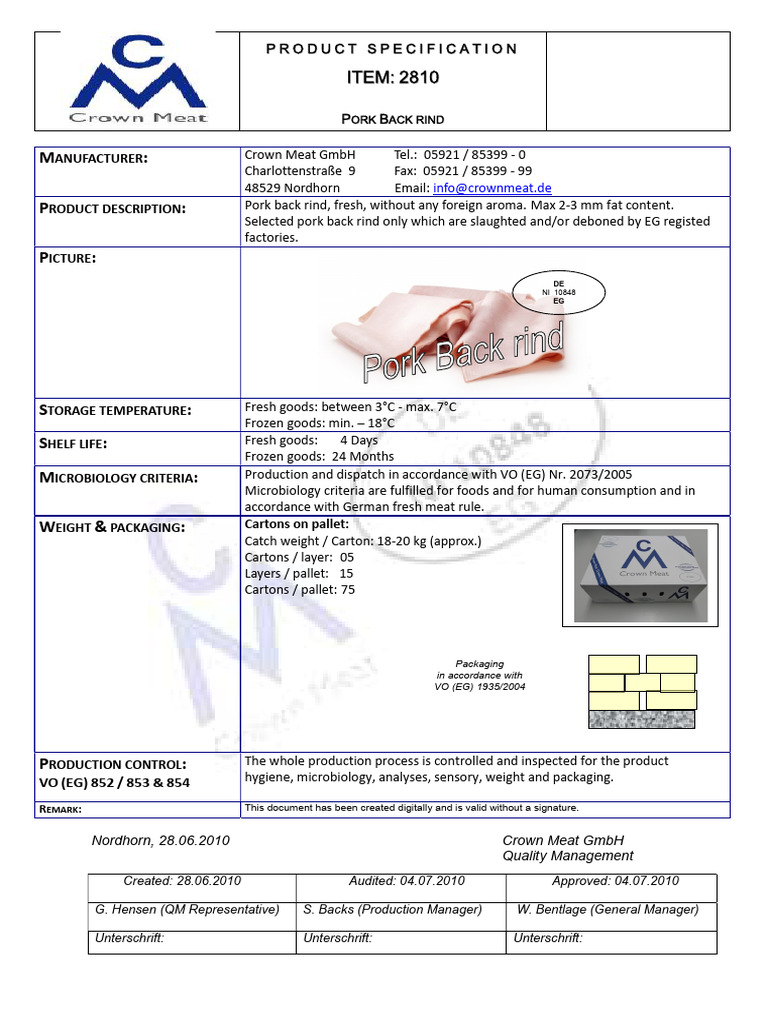Crown Meat GmbH Pork Back Rind Specs | PDF | Food Industry | Meat