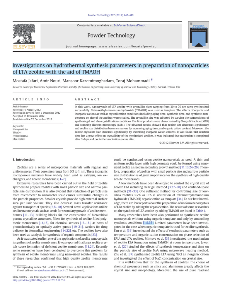 Hydrothermal Synthesis of LTA Zeolite Nanoparticles | PDF | Zeolite ...