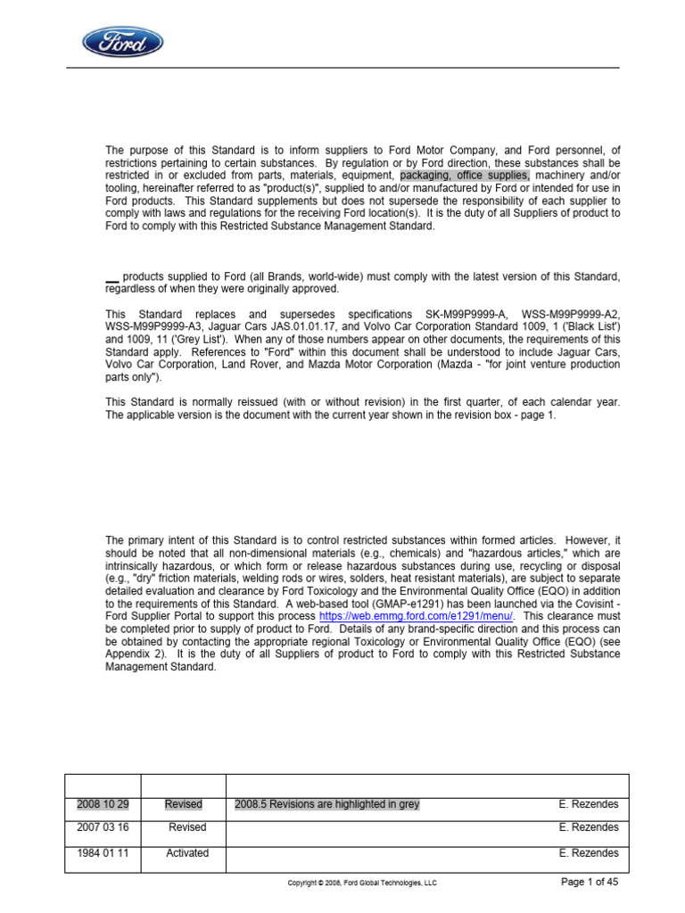Ford Restricted Substance Management Standard | PDF | Chemical ...