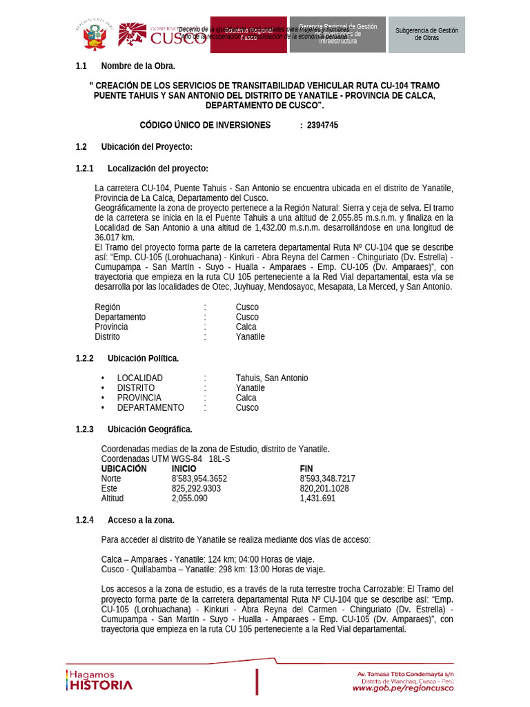 Creación de Vialidad en Ruta CU-104, Cusco | PDF | Presupuesto | Transporte
