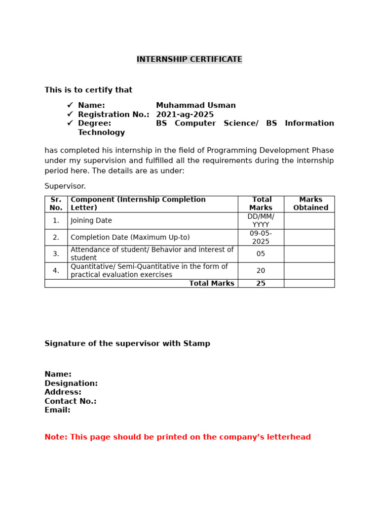 Internship Certificate Marks Details | PDF