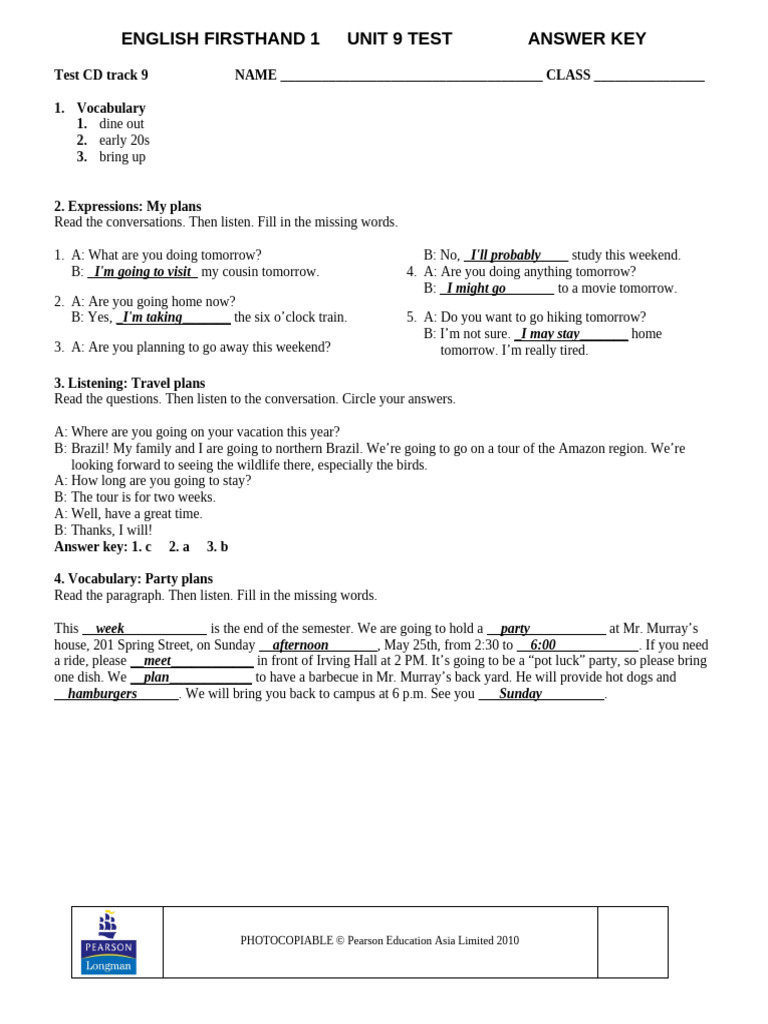 English Firsthand 1 Unit 9 Test Key | PDF