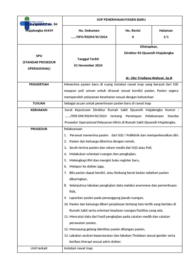 SOP Penerimaan Pasien RS Djuansih 2024 | PDF