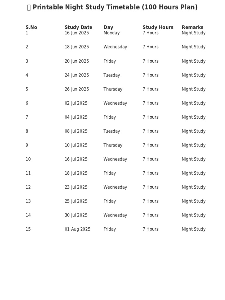 Night Study Timetable | PDF