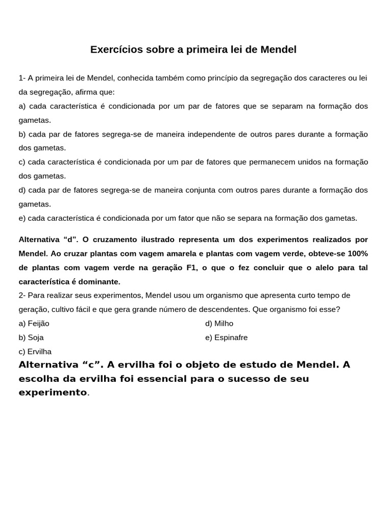 Exercícios sobre a Primeira Lei de Mendel | PDF | Dominância (genética ...