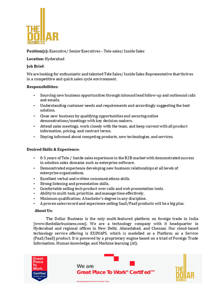 Inside Sales Executive Job Opening | PDF
