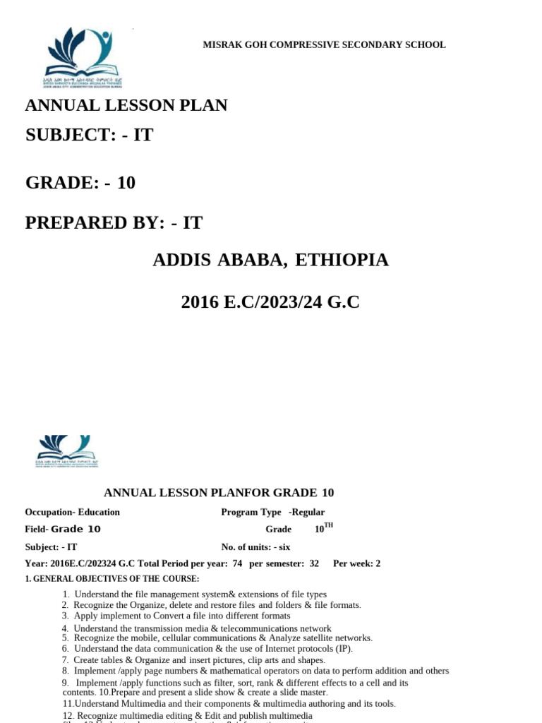 Annual IT Lesson Plan for Grade 10 | PDF | Computer File | Computer Network