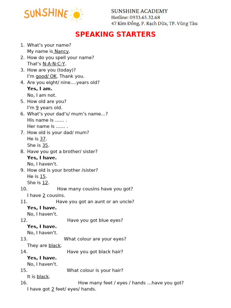 Essential Speaking Starters for Kids | PDF | Lunch