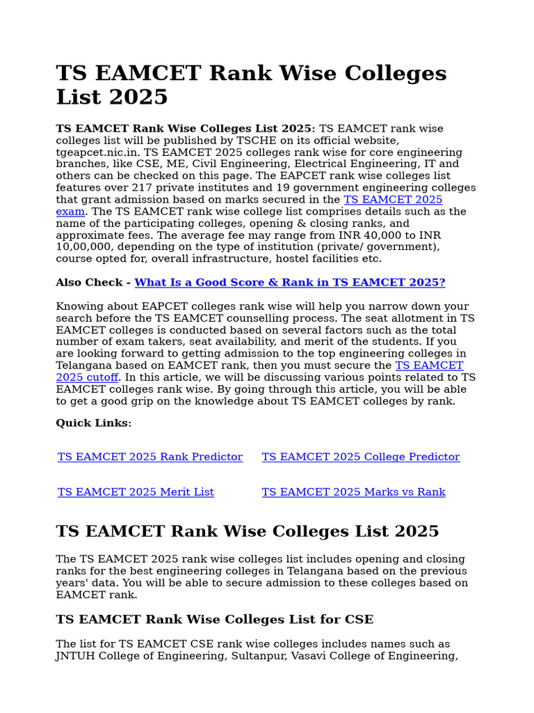 TS EAMCET 2025 College Rankings List | PDF | Qualifications ...