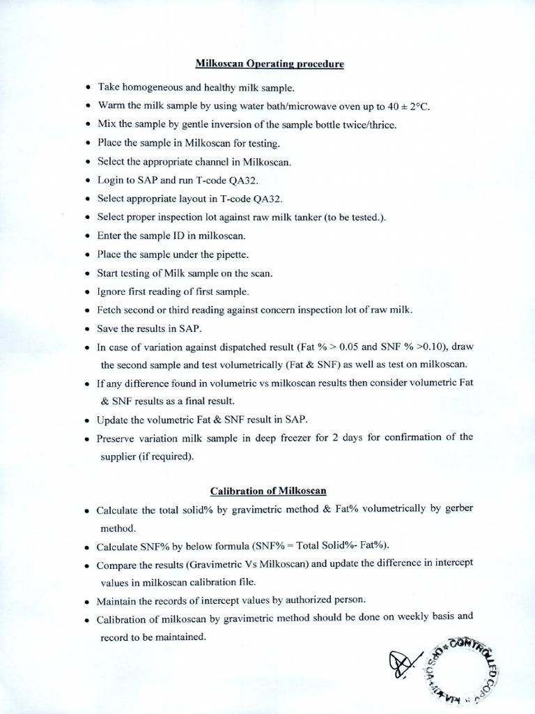 Milkoscan Operating Procedure - 0001 | PDF