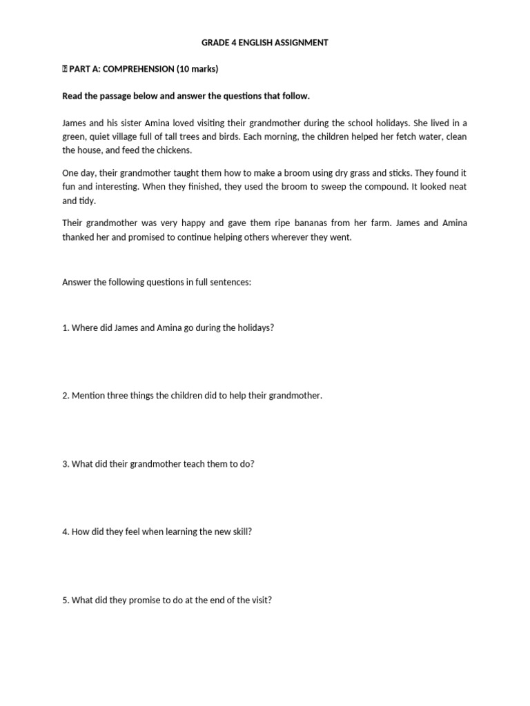 Grade 4 English Comprehension & Grammar | PDF