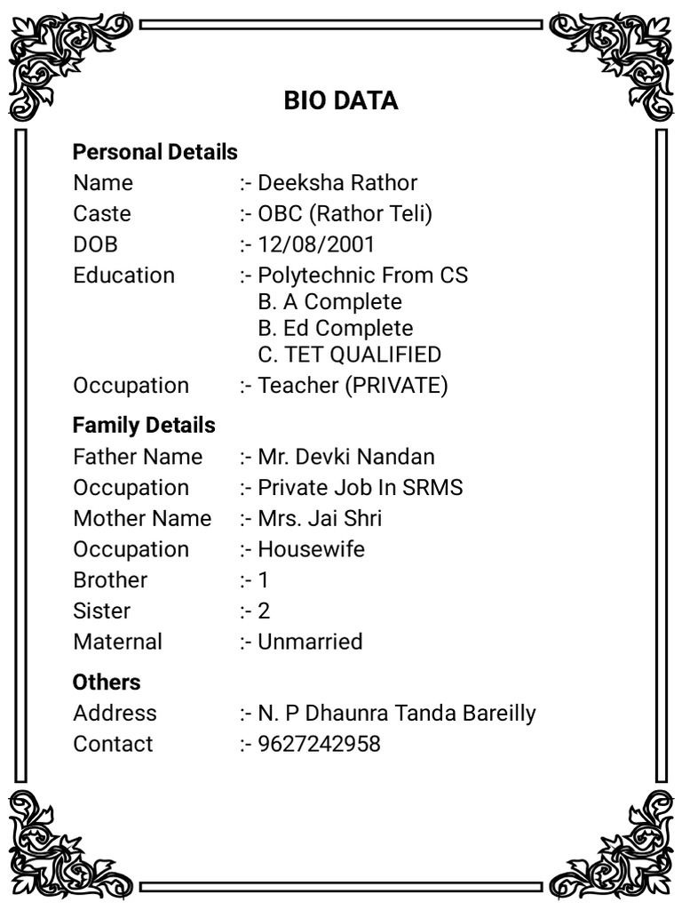 Deeksha Rathor: Teacher Bio Data | PDF