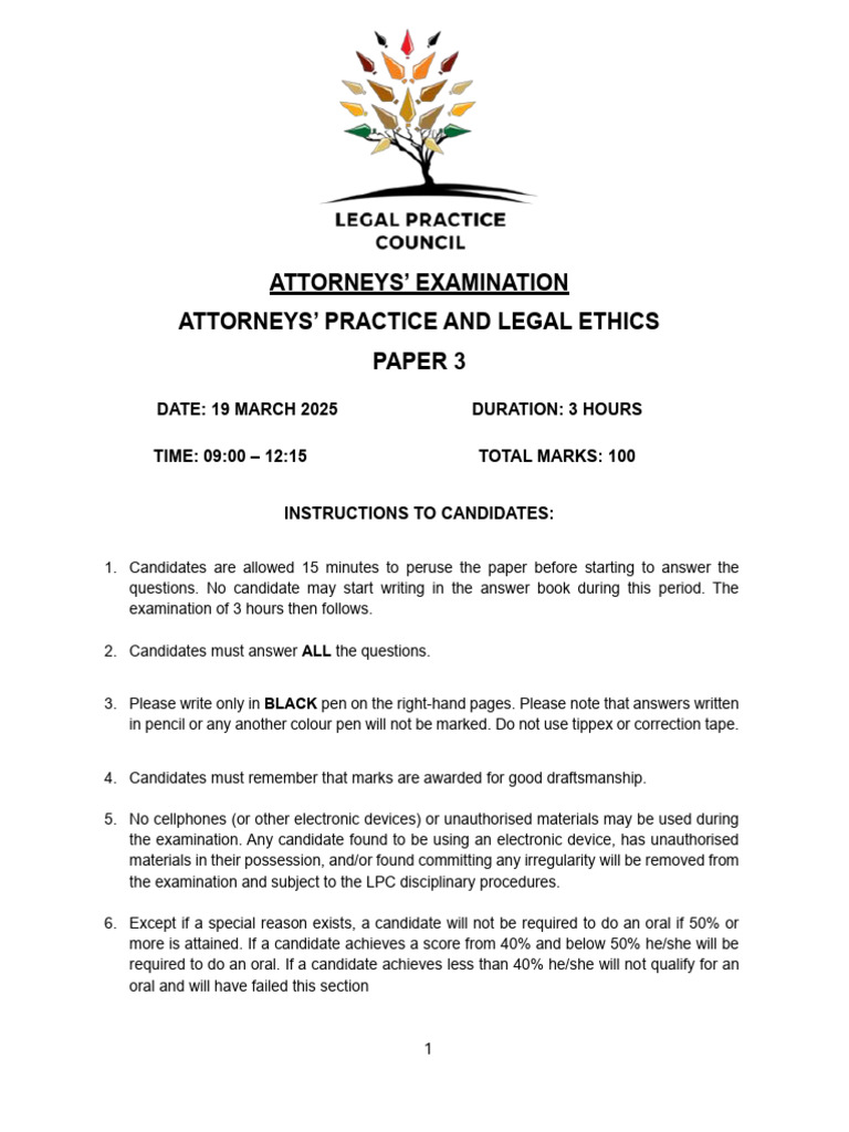Attorneys Examination Attorneys Practice and Legal Ethics Paper 3 19 ...