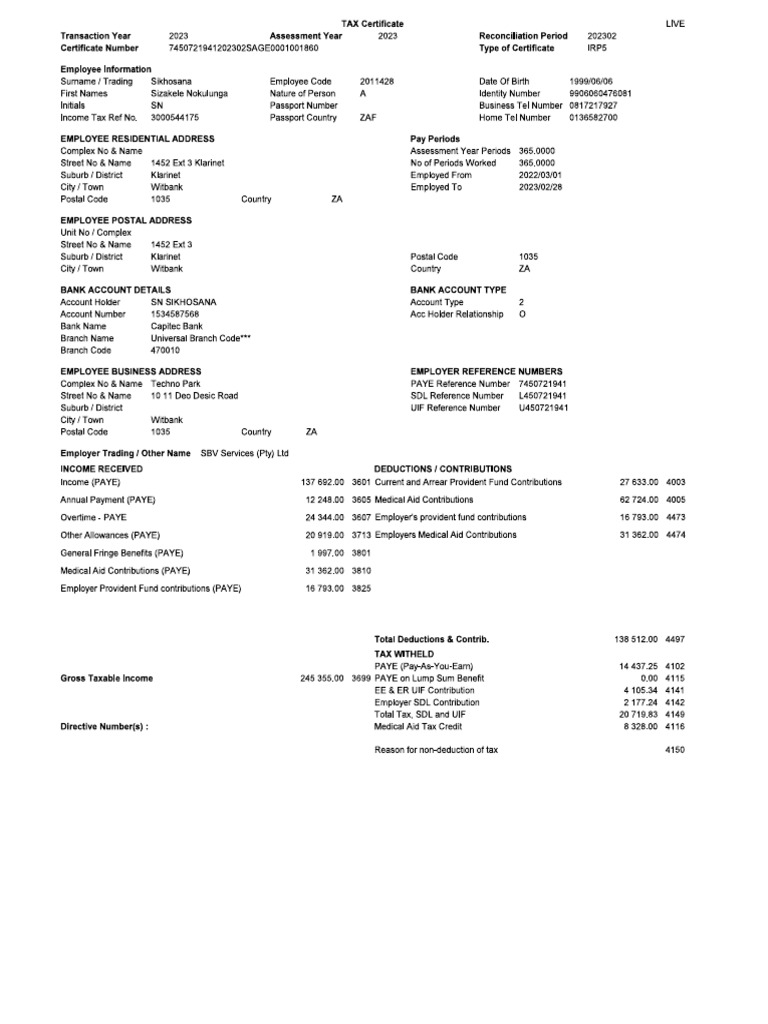 2011428 Sikhosana SN IRP5 | PDF