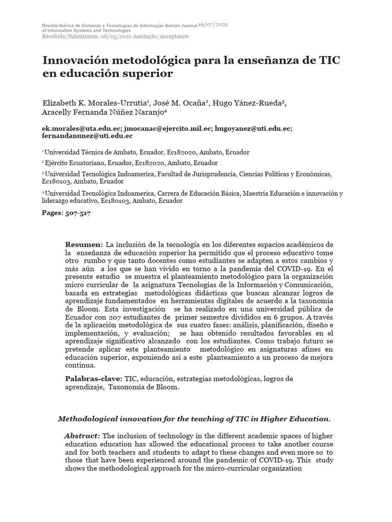 La Educación Superior y Las Metodologías Docentes Basadas en Las TIC ...