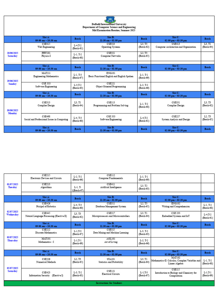 Cse Mid Exam Routine Summer 2025 Students 1a45bb293b | PDF | Computing ...