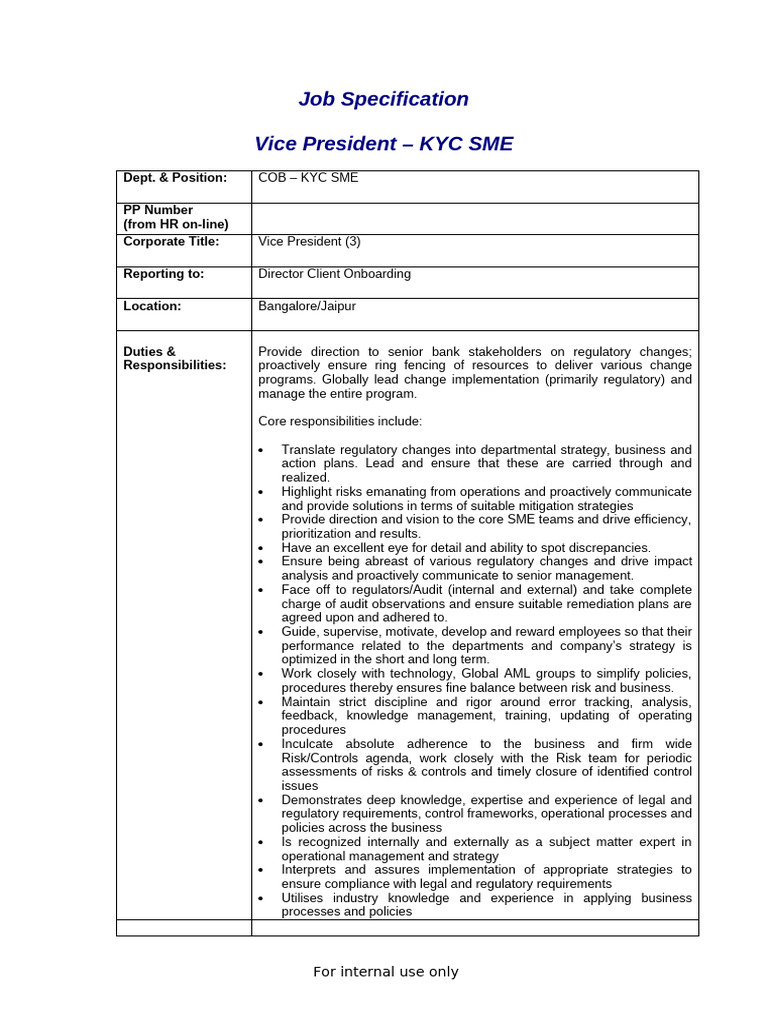 VP KYC SME Job Specification | PDF | Regulatory Compliance | Business