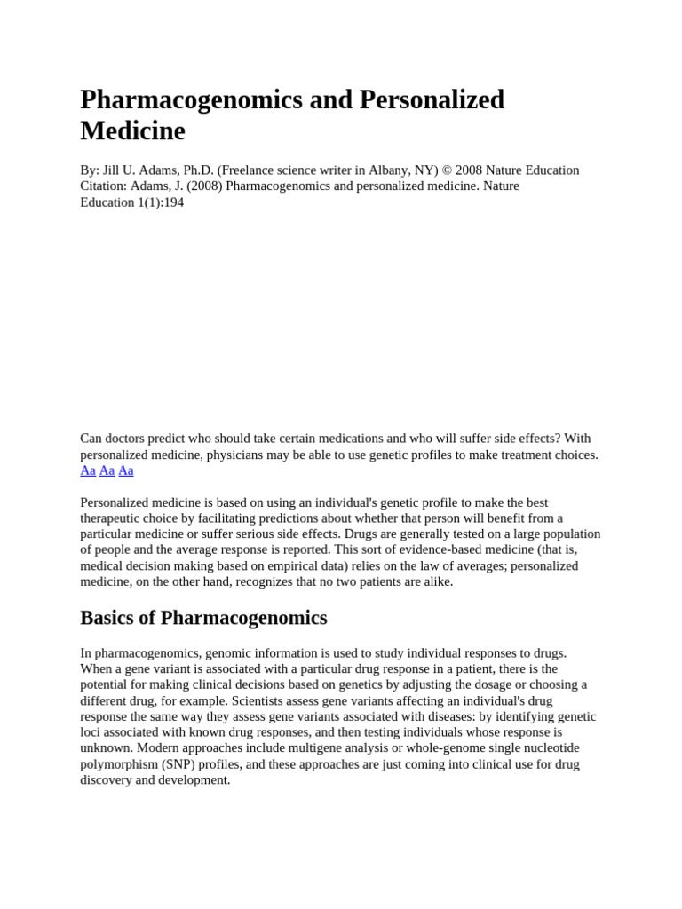 SNP Profiles in Personalized Medicine | PDF | Pharmacogenomics ...