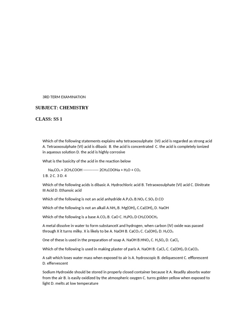 SS2 Chemistry 3rd Term Exam Review | PDF | Hydroxide | Sodium Hydroxide