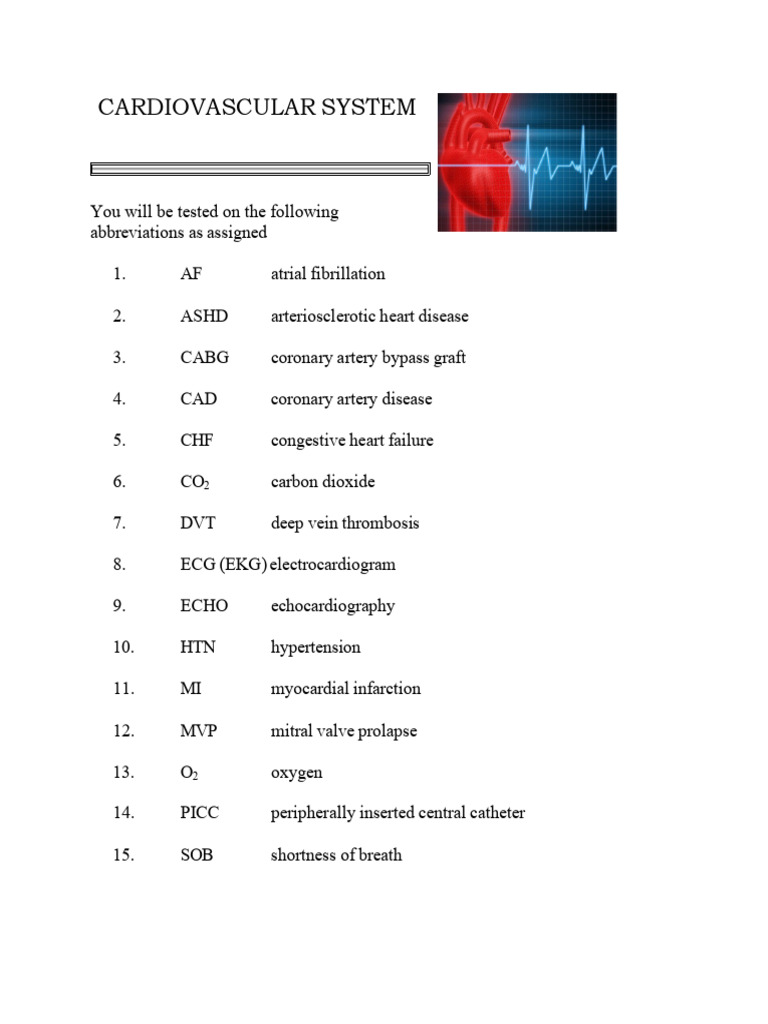 Cardiovascular Abbreviations Guide | PDF