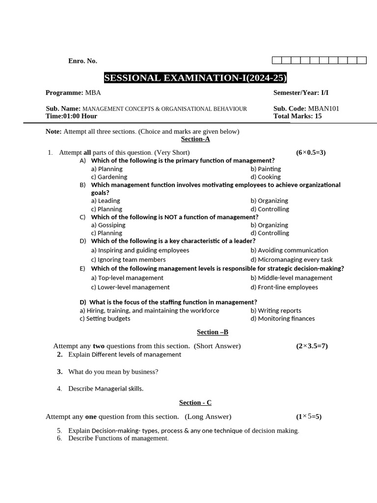 MBA Management Concepts Exam Paper | PDF | Organizational Behavior ...