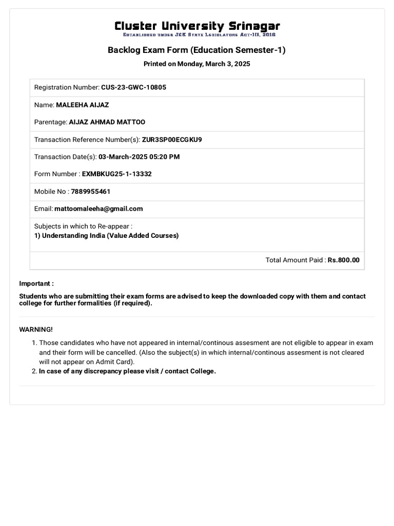 Exam Form | PDF