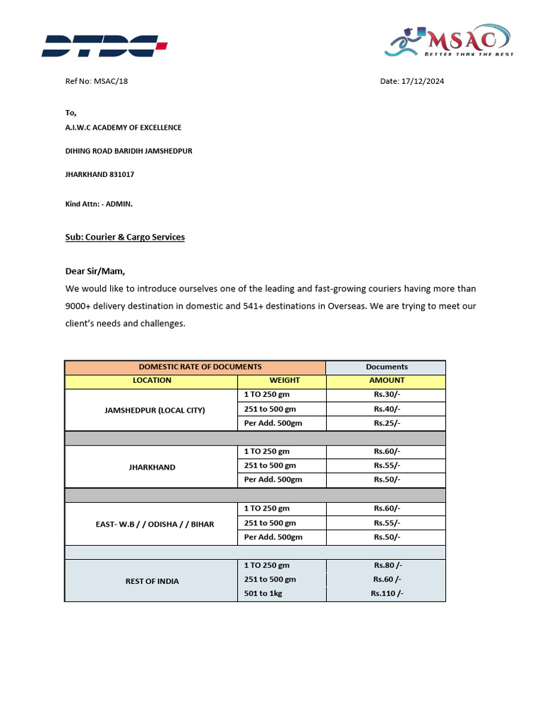DTDC Quatation For A.I.W.C Academy | PDF | Government Finances | Taxes
