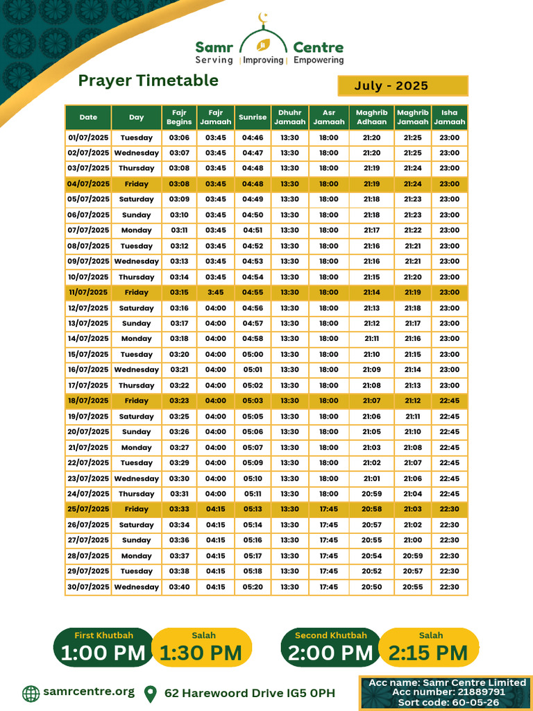 July 2025 Prayer Timetable | PDF | Islamic Jurisprudence | Islamic Ethics