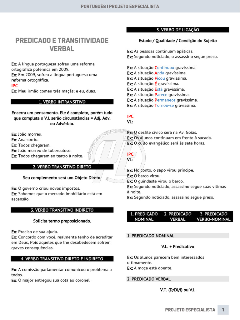 Predicados e Verbos na Língua Portuguesa | PDF | Predicado (gramática ...
