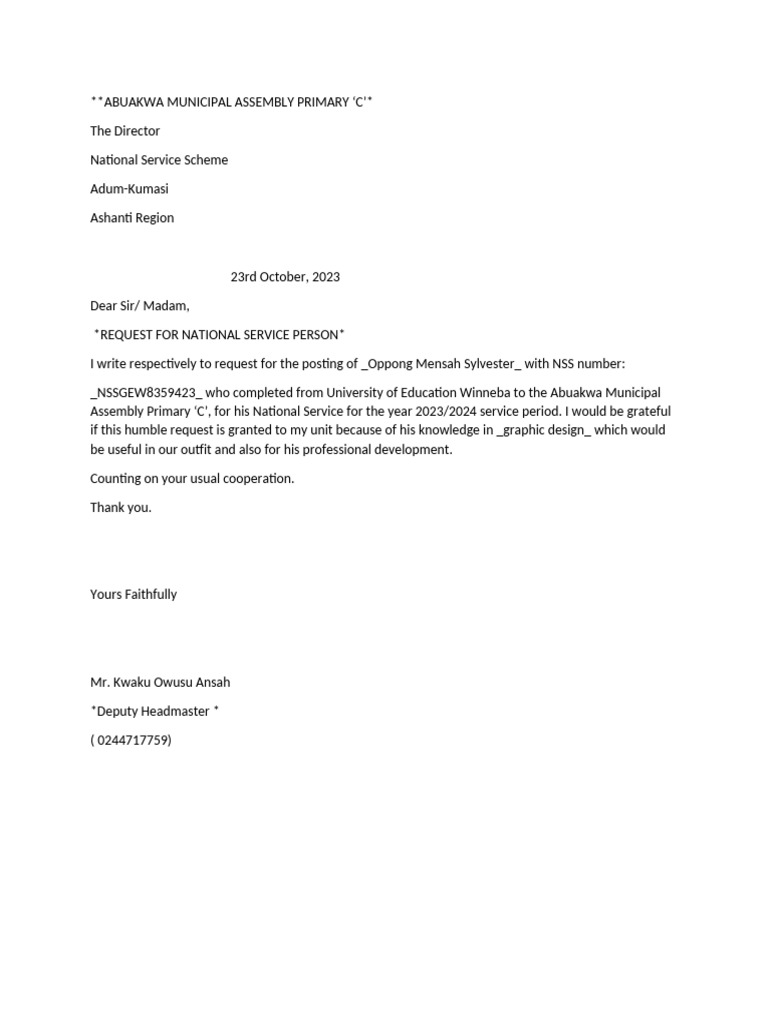 Request for NSS Posting at Abuakwa Primary | PDF