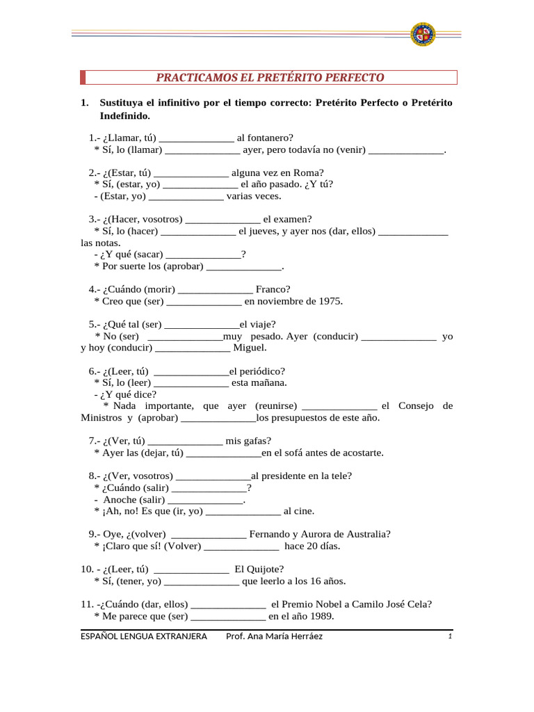 Ejercicios de Pretérito Perfecto en Español | PDF