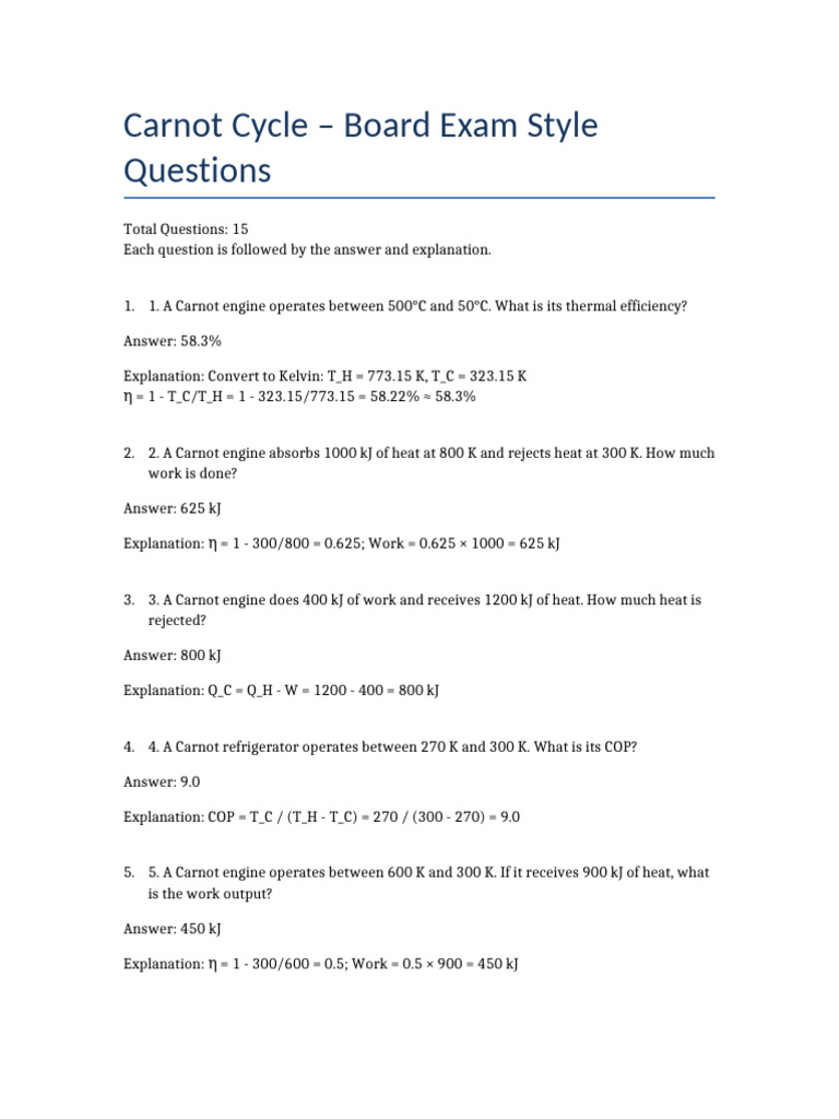 Carnot Cycle Exam Questions & Answers | PDF | Chess | Chess Theory