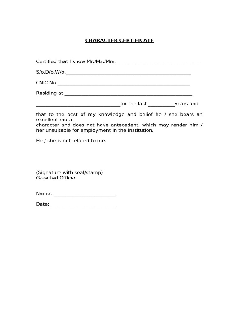 Character Certificate Format for TRB | PDF