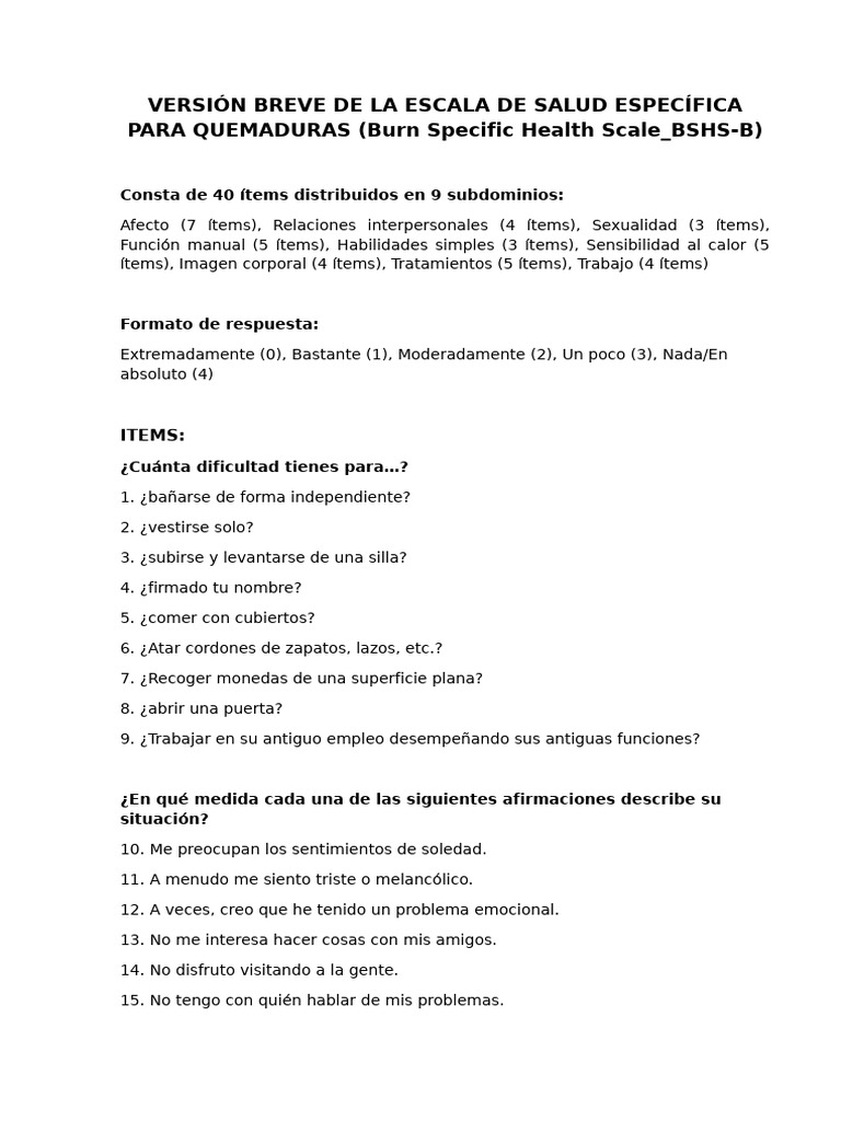 Escala de Salud para Quemaduras (BSHS-B) | PDF