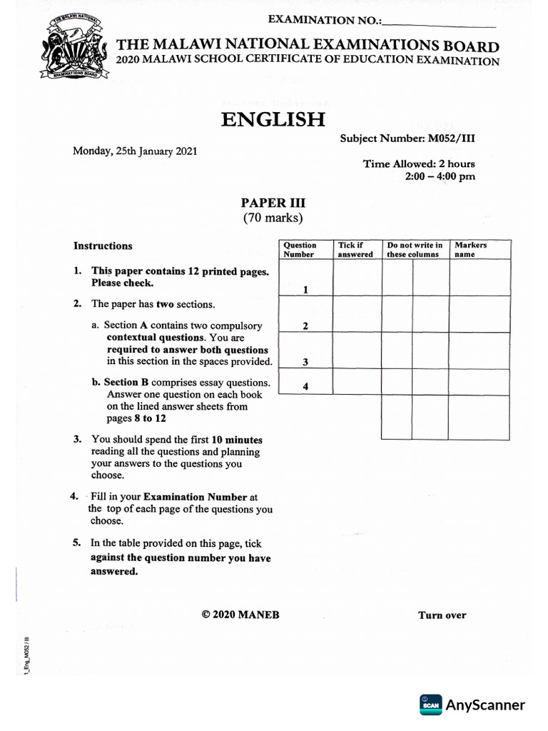 2020 Maneb English Piii | PDF