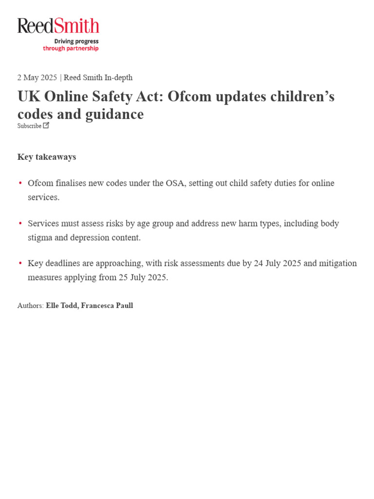 UK Online Safety Act - Ofcom Updates Children's Codes and Guidance ...