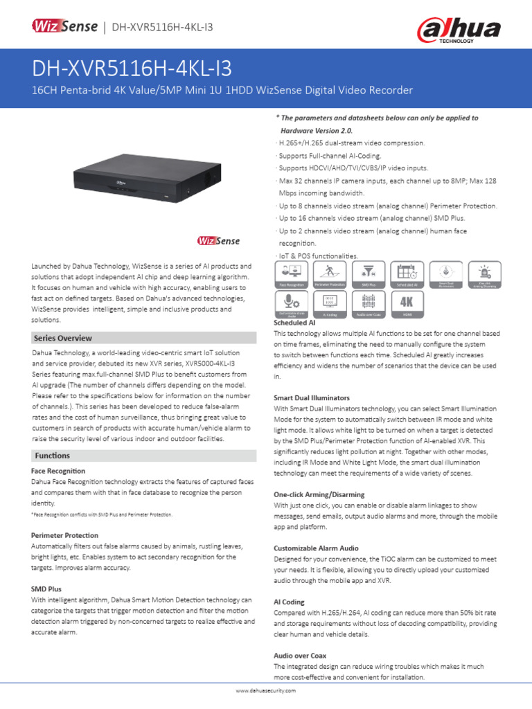DH-XVR5116H-4KL-I3 Overview | PDF | Hdmi | Internet Protocol Suite