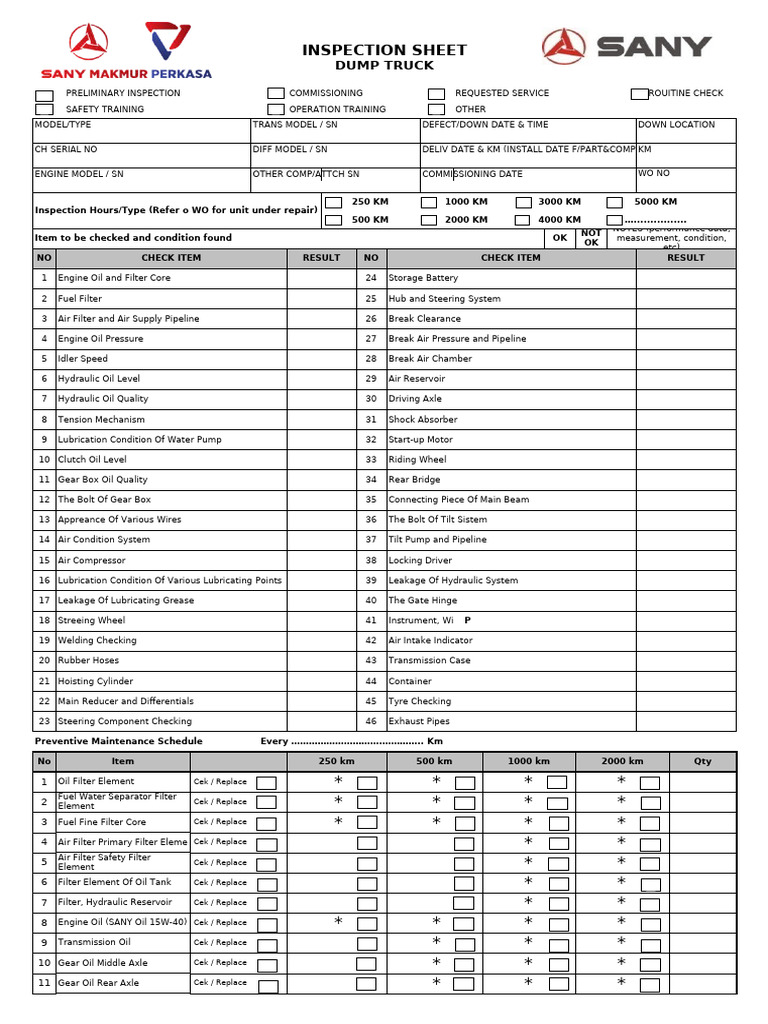 Dump Truck Maintenance Checklist | PDF | Truck | Steering