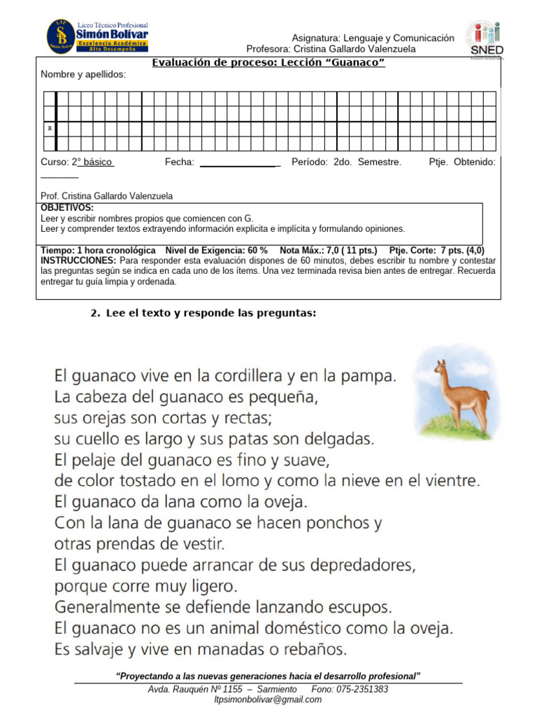 Control Lección GUANACO | PDF | Aprendizaje | Cognición