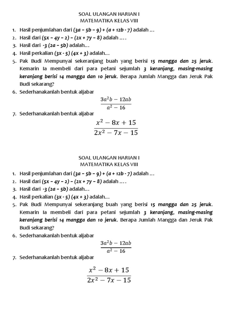Soal Ulangan Harian I Matematika