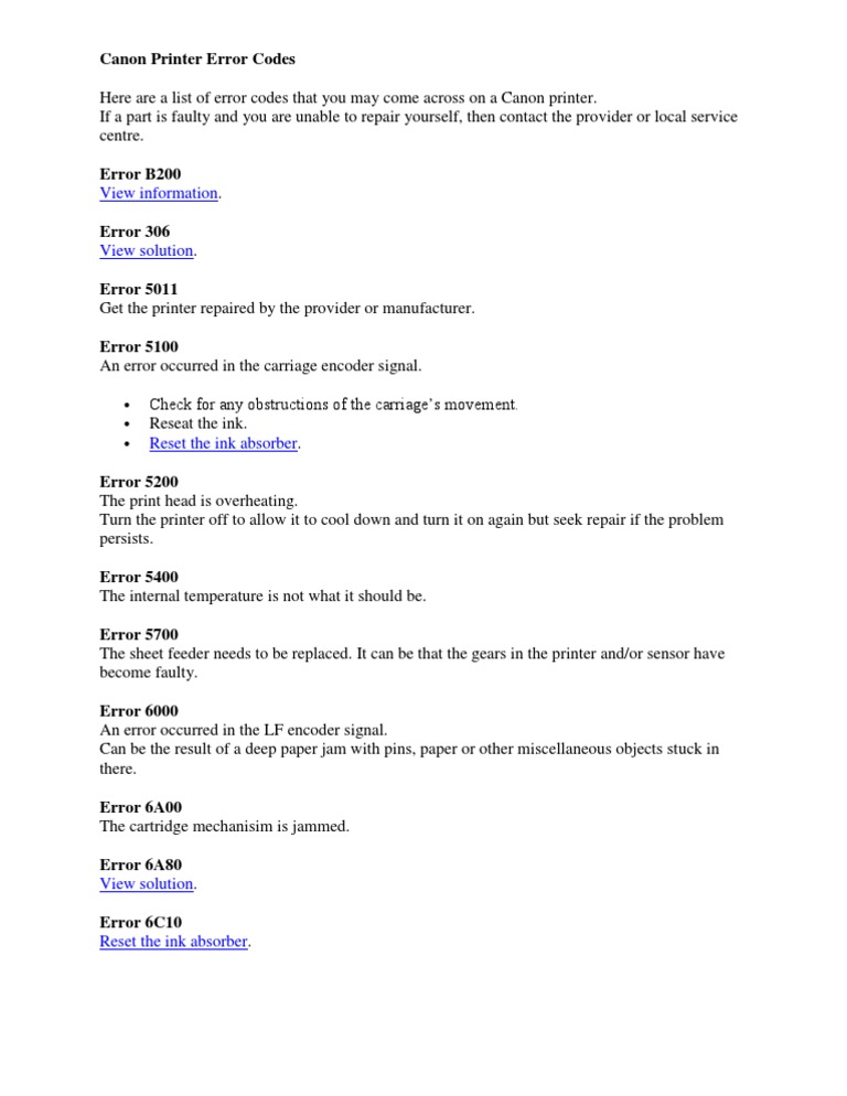 Canon Printer Error Codes