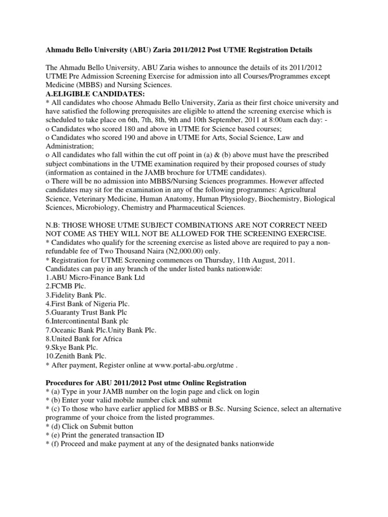 Abu Utme Registration Details PDF Nursing Medicine
